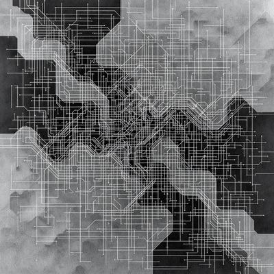 The primary subject of the image is a complex network of interconnected lines, which could be interpreted as a cityscape or a computer circuit board. The setting is a black and white background, which adds a sense of depth and contrast to the image. The visual style is a combination of digital art and illustration, creating a detailed and intricate pattern. The colors and mood of the image are predominantly black and white, giving it a classic and timeless feel.